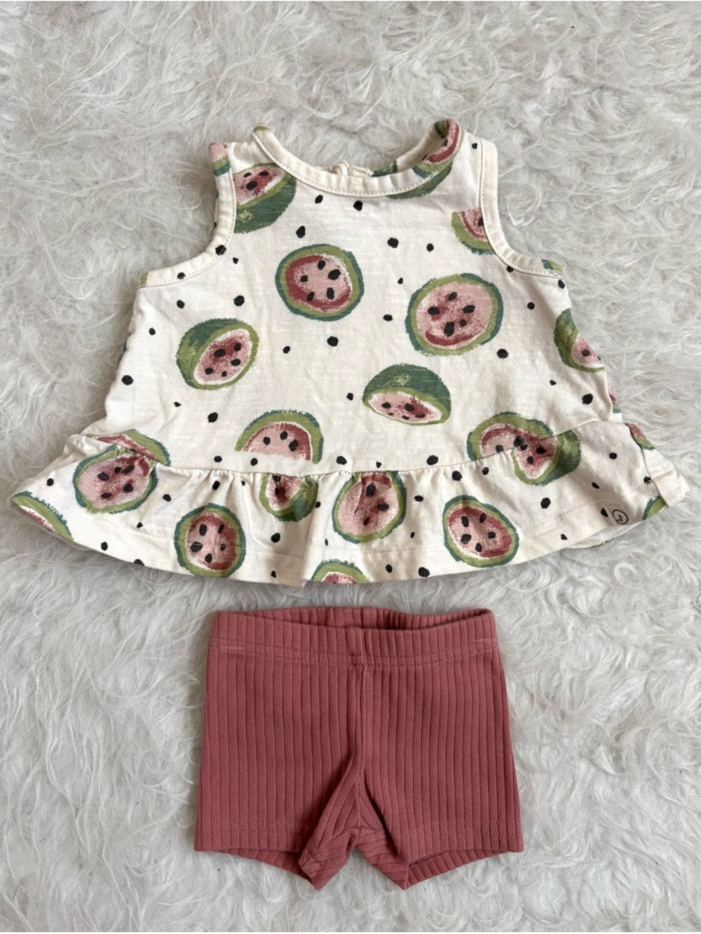 Little Planet Baby Watermelon Print Peplum Tank & Dusty Rose Ribbed Shorts Set